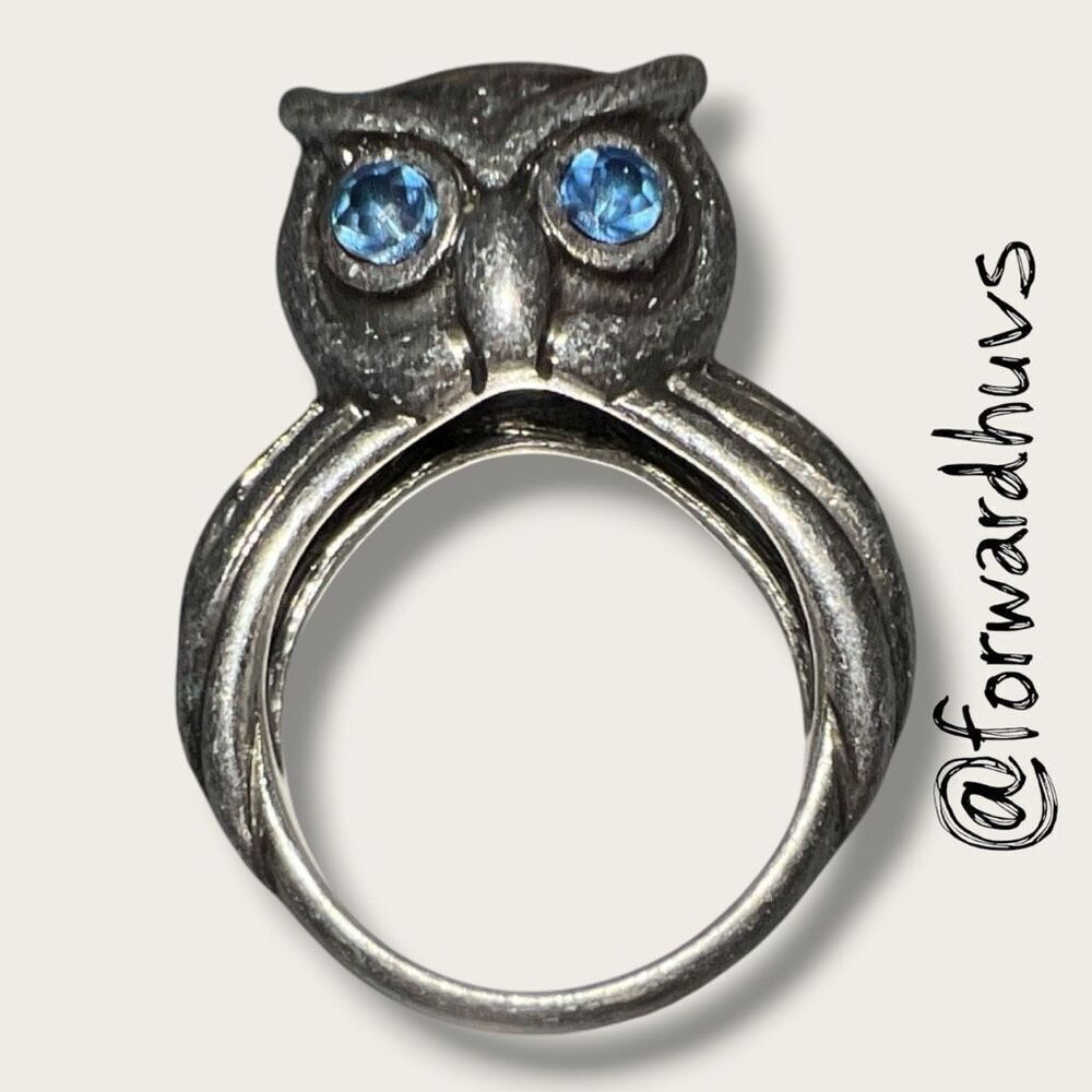 Owl Ring With Sapphire Blue Rhinestone Eyes Size 7.5
